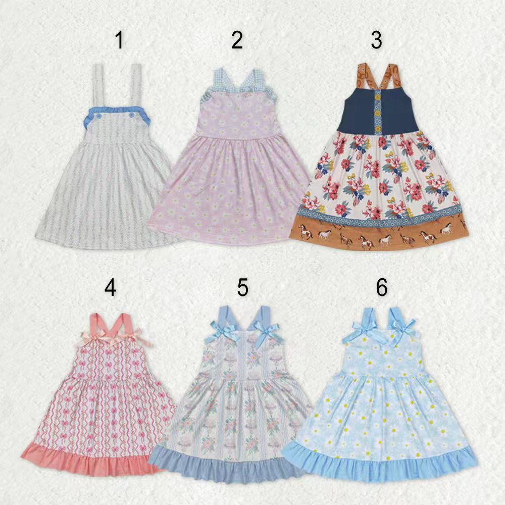 Sibling Baby Girls Bows Strap Button Pockets Floral Plaid Ruffle Knee Length Dresses