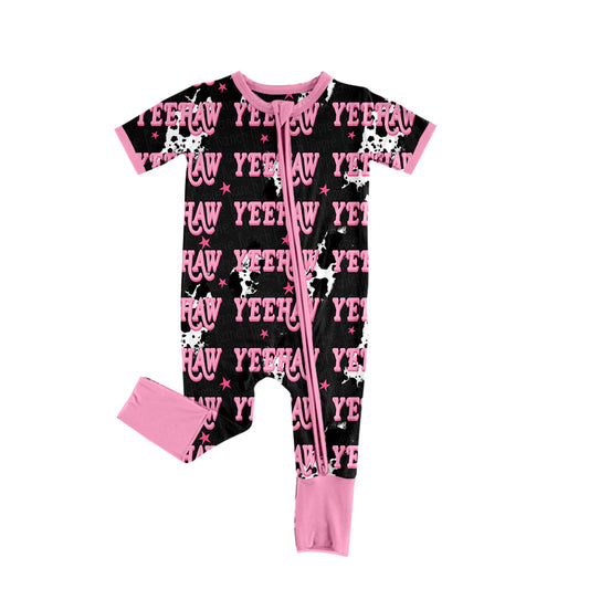 Preorder (moq 5)Baby Girls Cow Print Lights Yeehaw Western Zipper Footie Rompers