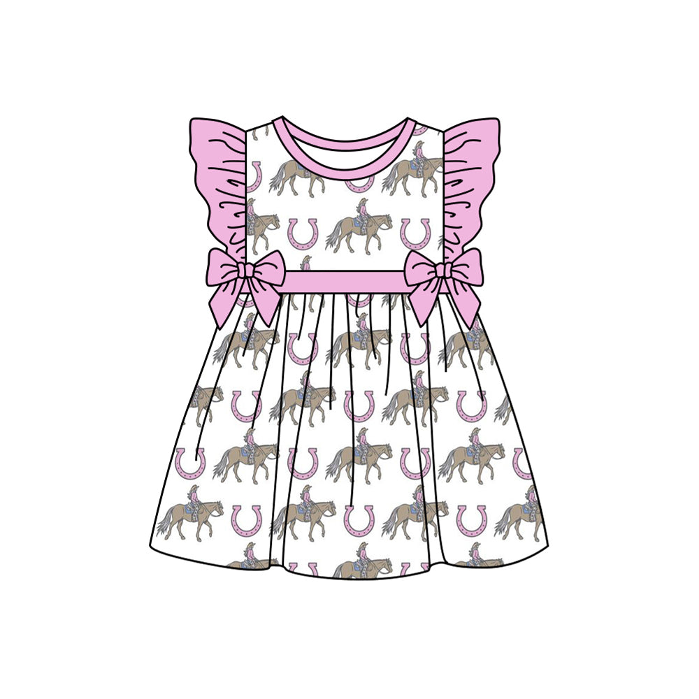 Preorder (moq 5)Baby Girls Western Pink Rodeo Bows Ruffle Knee Length Dresses