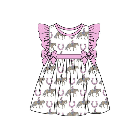 Preorder (moq 5)Baby Girls Western Pink Rodeo Bows Ruffle Knee Length Dresses