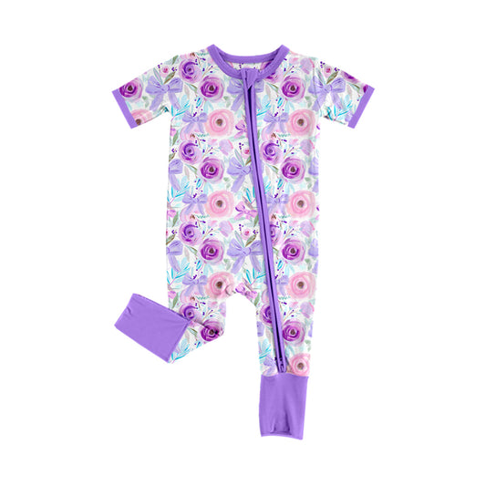 Infant Baby Girls Lavender Flowers Bows Zip Rompers preorder(moq 5)