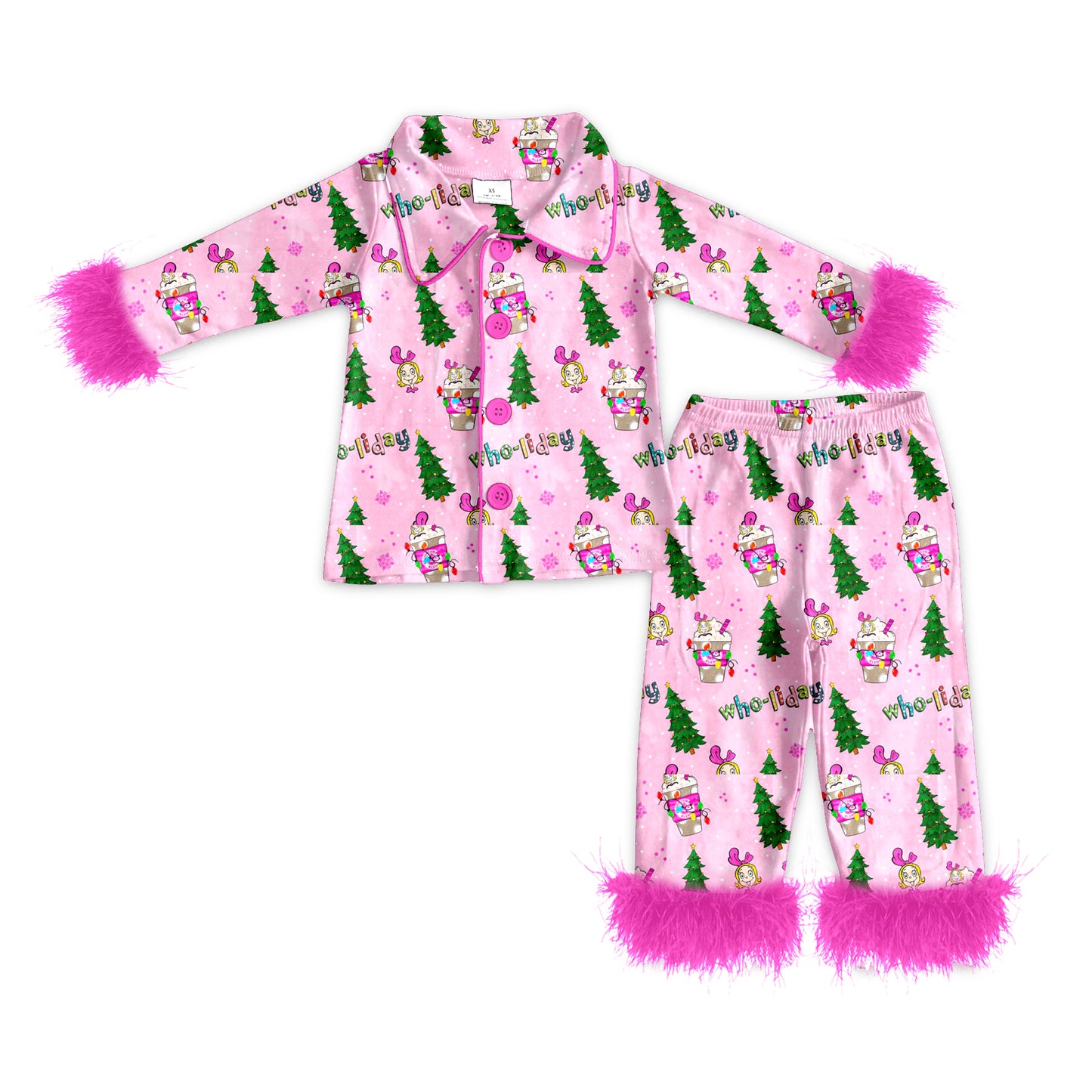 Baby Girls Christmas Frog Pink Fur Top Pants Pajamas Clothes Sets preorder(MOQ 5)