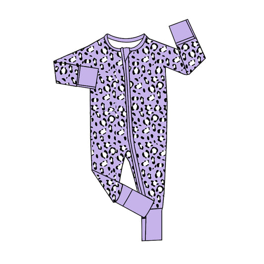 Baby Girls Purple Leopard Bamboo Long Sleeve Zip Rompers preorder(moq 5)