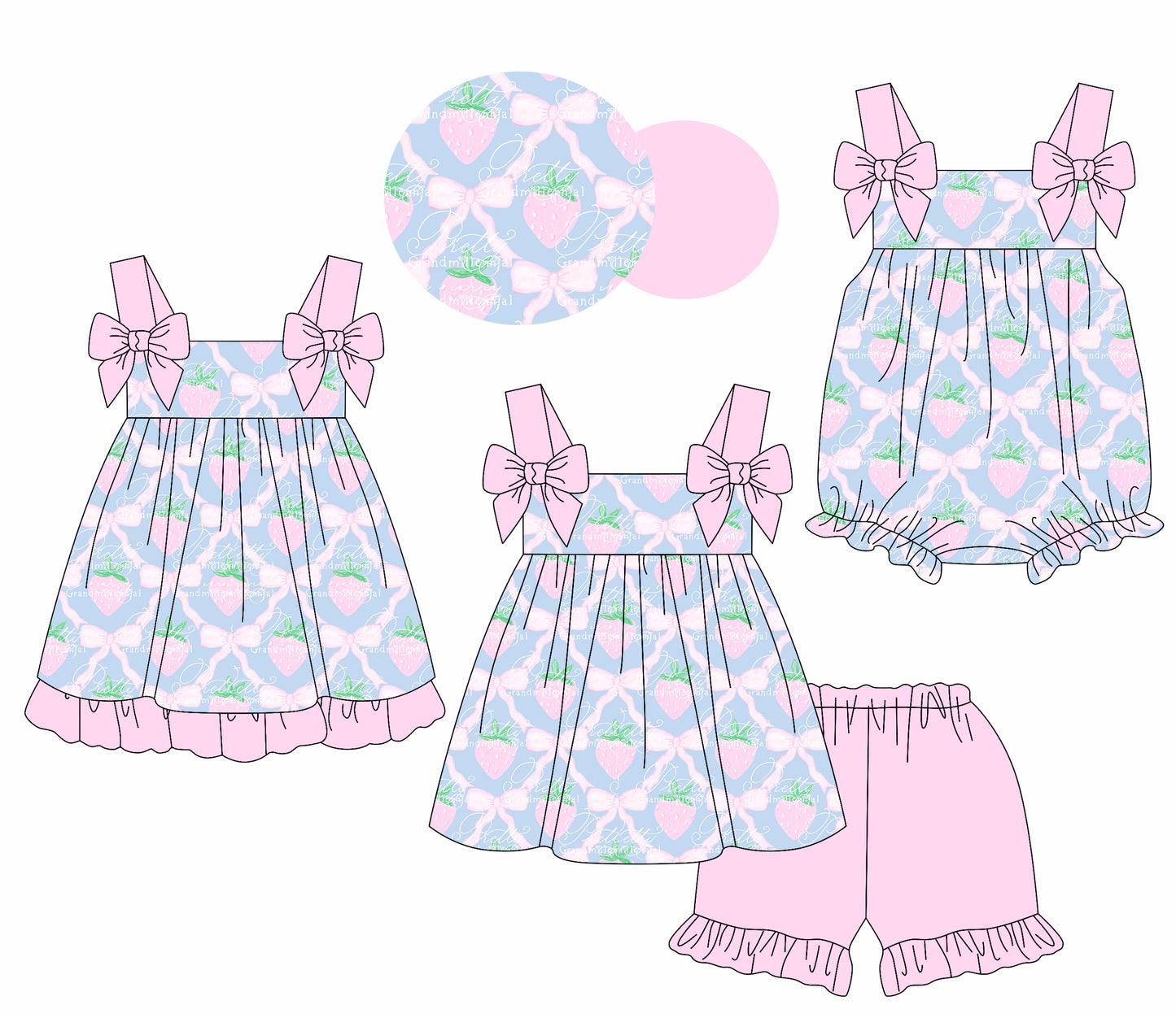 Preorder moq 5 Custom Baby Girls Lavender Strap Strawberry Bows Tunic Ruffle Short Set Knee Length Dress And Rompers