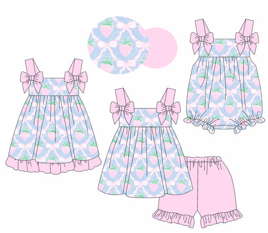 Preorder moq 5 Custom Baby Girls Lavender Strap Strawberry Bows Tunic Ruffle Short Set Knee Length Dress And Rompers