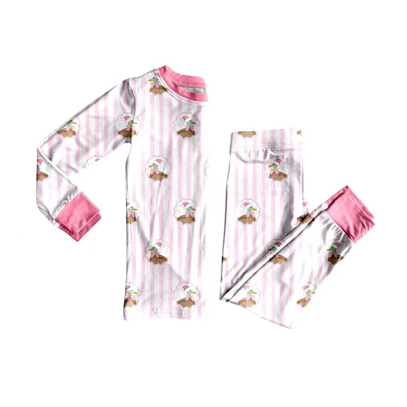Preorder (moq 20)Baby Girls Bamboo Pink Stripes Christmas Hats Ducks Pajamas Set