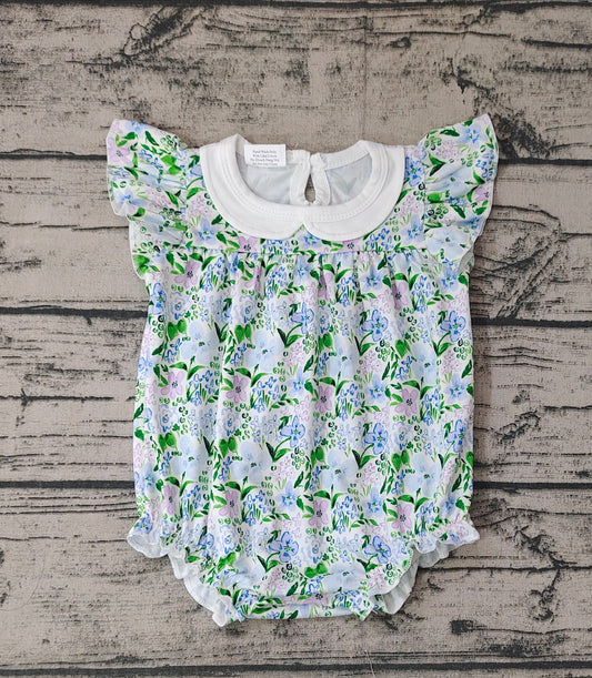Baby Girls Flutter Sleeve Blue Flowers Rompers