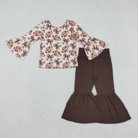 Baby Girls Bell Sleeve Footballs Bows Top Ruffle Bell Bottom Pants Team Clothes Set