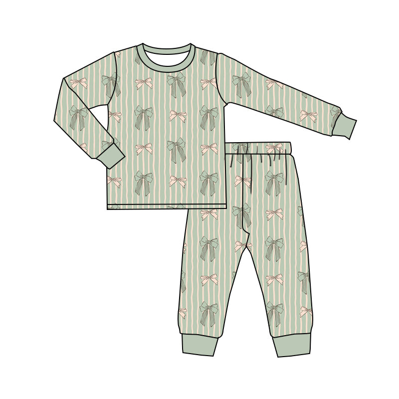 Baby Boys Green Stripes Bows Top Pants Pajamas Clothes Sets preorder(MOQ 5)