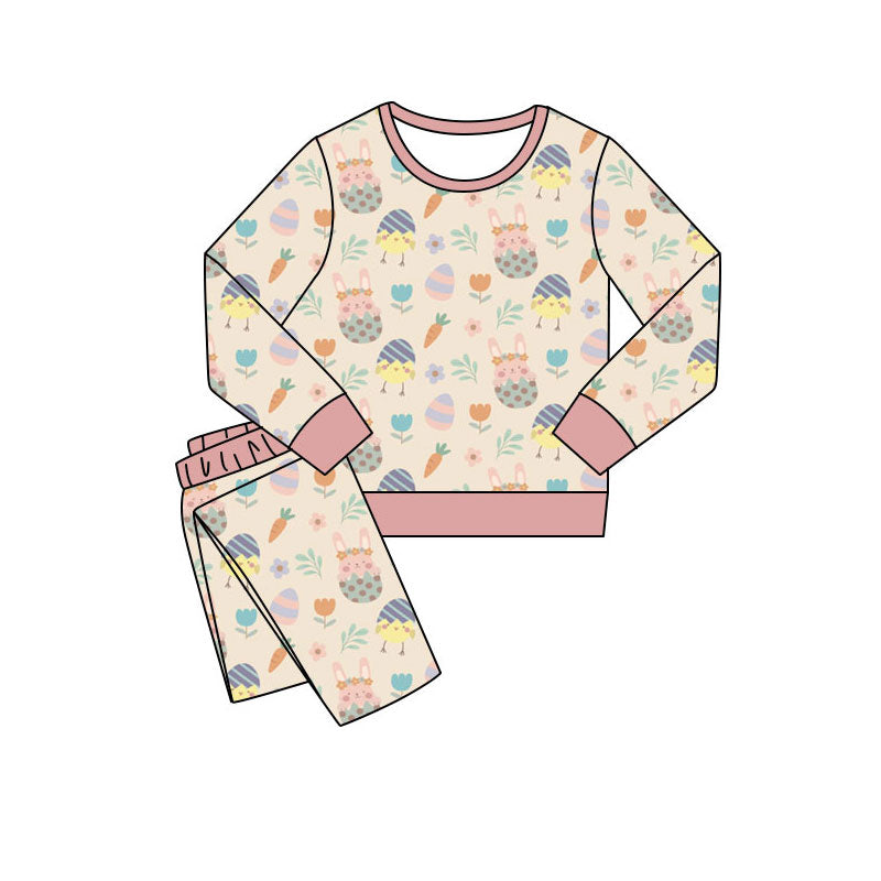 Preorder(moq 5) Baby Girls Long Sleeve Rabbit Chicks Flowers Top Pants Easter Pajamas Sets