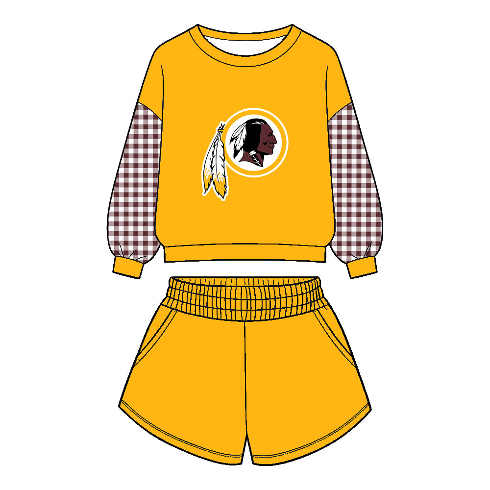 Preorder (moq 5)Baby Boys Yellow Long Sleeve Redskins Top Pockets Short Team Clothes Set