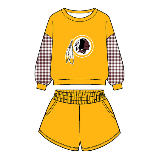 Preorder (moq 5)Baby Boys Yellow Long Sleeve Redskins Top Pockets Short Team Clothes Set