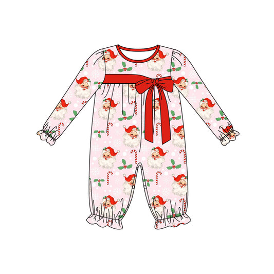 Preorder (moq 5)Baby Girls Long Ruffle Sleeves Red Santa Candy Cane Pant Rompers