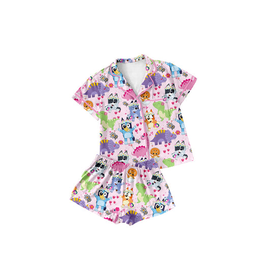 Preorder (moq 5)Baby Girls Pink Short Sleeves Button Pocket Cartoon Dogs Dinosaurs Top Short Pajamas Set