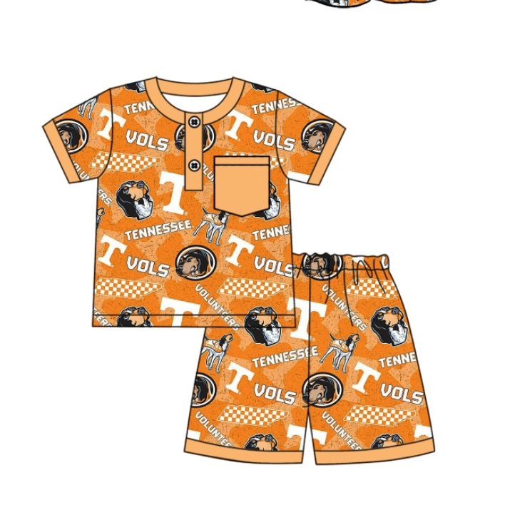 Preorder (moq 5)Baby Boys Orange Short Sleeves T Vols Dogs Button Pocket Top Shorts Team Set