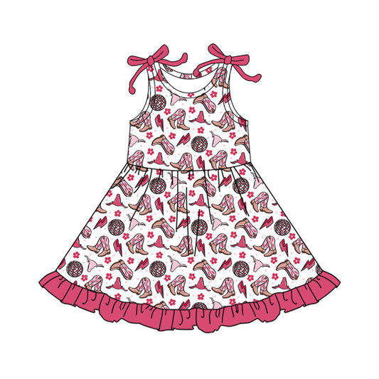 Preorder moq 5 Baby Girls Boot Cow Flowers Western Ruffle Knee Length Dresses