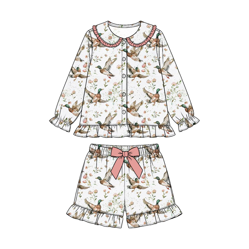 Preorder (moq 5) Baby Girl Clothes Floral Mallard Duck Mixed Print Long Sleeve Button Shorts Pajama Set