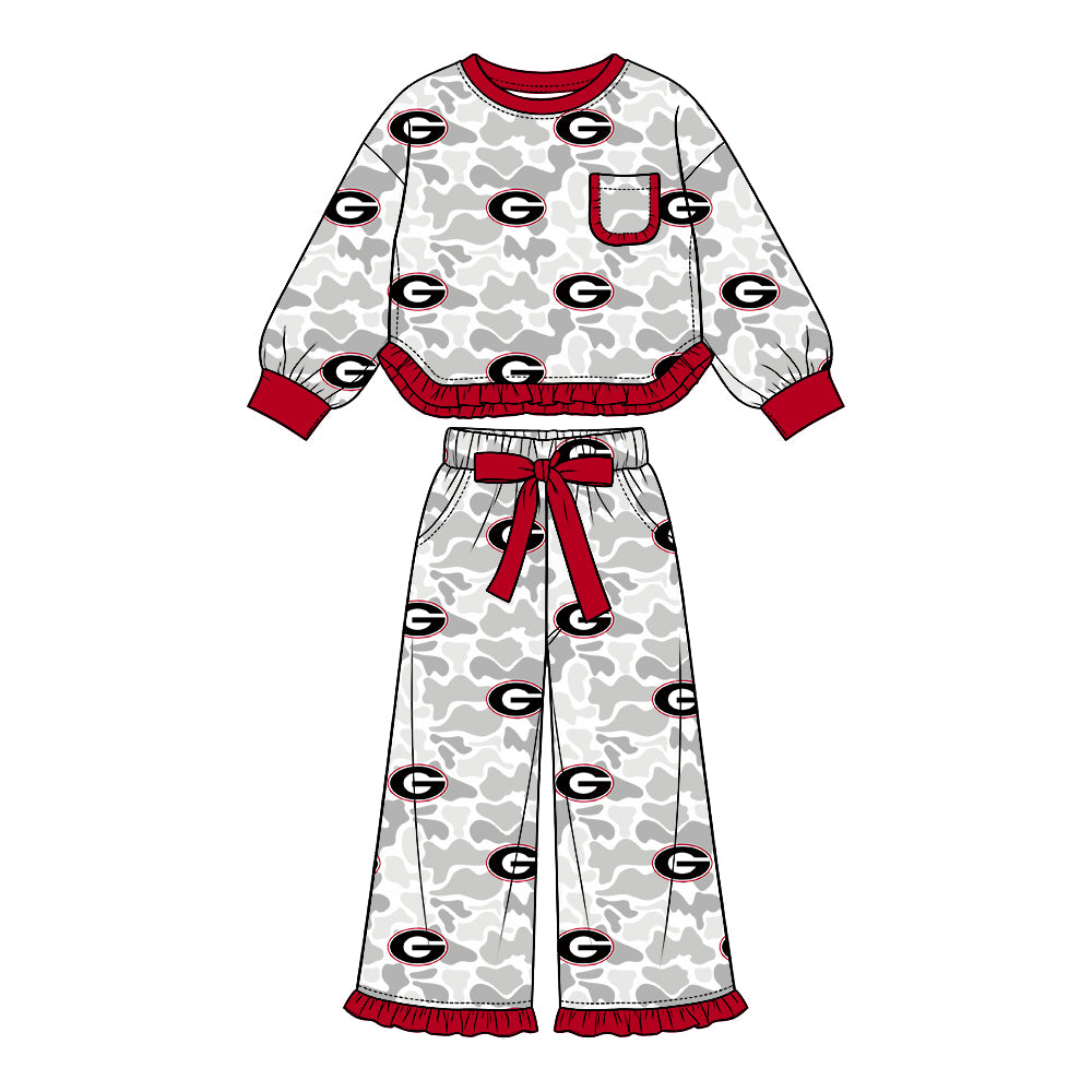 Preorder (moq 5) Baby Girl Clothes White Camo Round Frame Letter Print Long Sleeve Ruffle Hem Top Wide Leg Pant Outfit Set