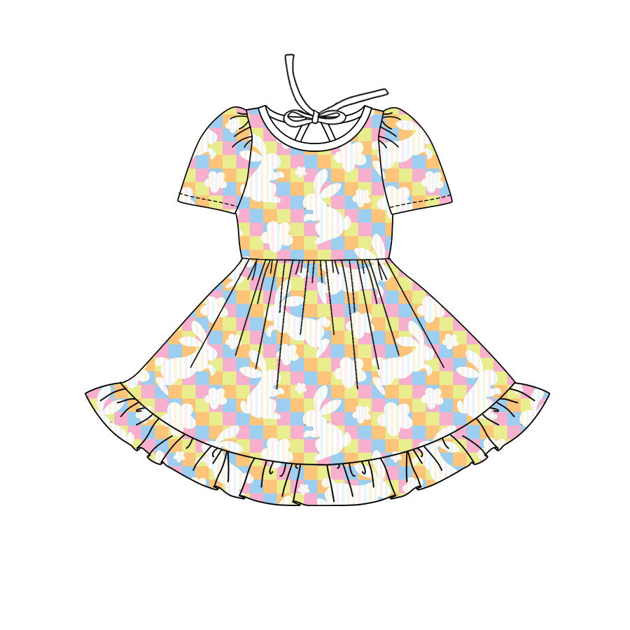 Preorder(moq 8)Baby Girls Colorful Checked Rabbits Flowers Easter Ruffle Knee Length Dress