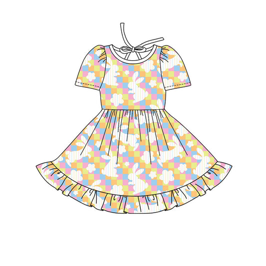 Preorder(moq 8)Baby Girls Colorful Checked Rabbits Flowers Easter Ruffle Knee Length Dress