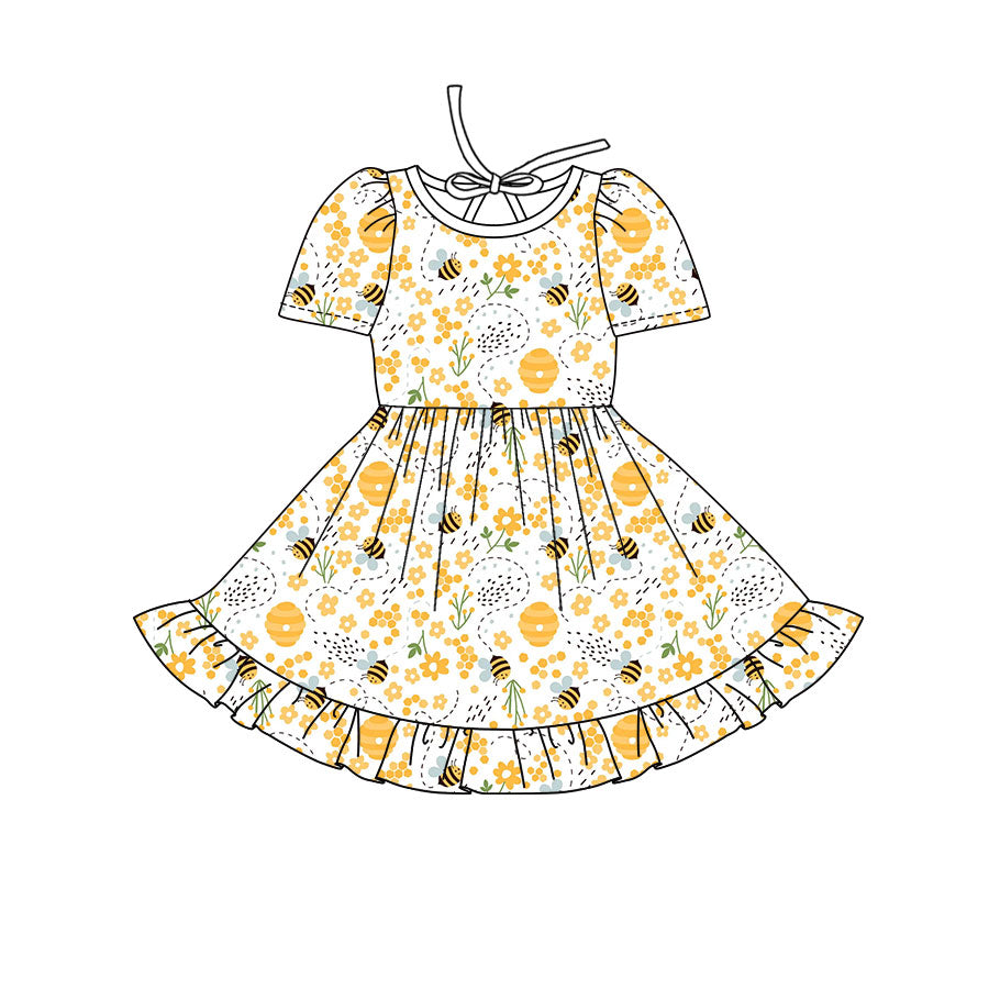 Preorder(moq 8)Baby Girls Flowers Honey Bees Ruffle Knee Length Dresses