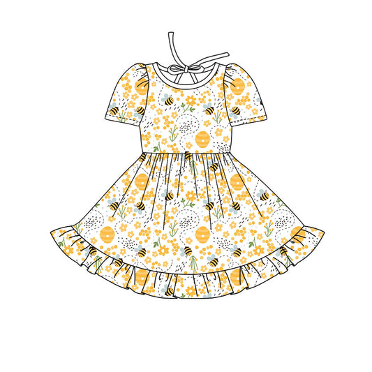 Preorder(moq 8)Baby Girls Flowers Honey Bees Ruffle Knee Length Dresses