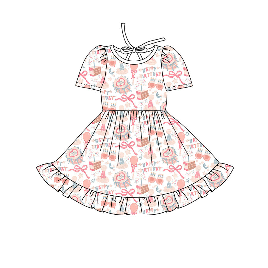 Preorder(moq 8)Baby Girls Pink Bows Cakes Happy Birthday Ruffle Knee Length Dresses