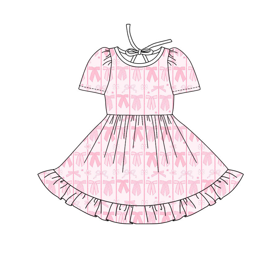 Preorder(moq 8)Baby Girls Pink Bows Stars Stripes Ruffle Knee Length Dresses