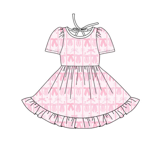 Preorder(moq 8)Baby Girls Pink Bows Stars Stripes Ruffle Knee Length Dresses