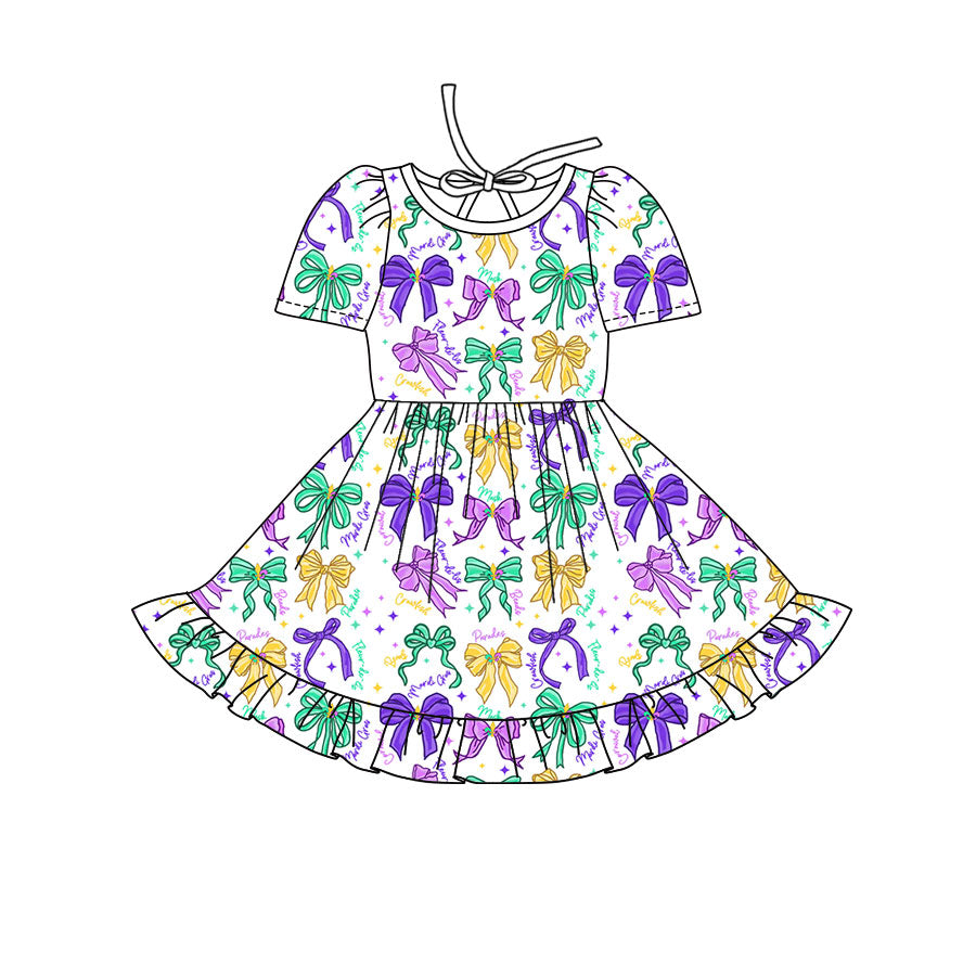 Preorder(moq 8)Baby Girls Mardigras Bows Stars Ruffle Knee Length Dresses