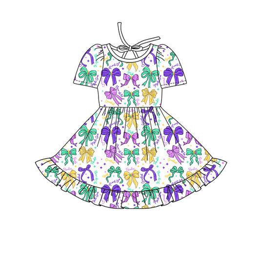 Preorder(moq 8)Baby Girls Mardigras Bows Stars Ruffle Knee Length Dresses