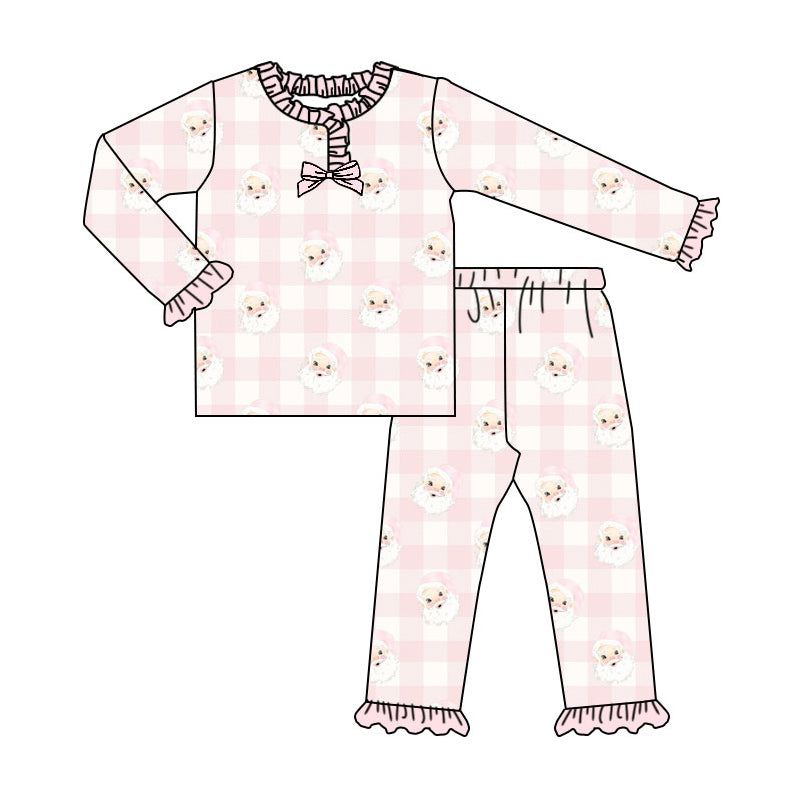 Preorder (moq 5)Baby Girls Pink Checked Santa Top Ruffle Pants Christmas Pajamas Sets