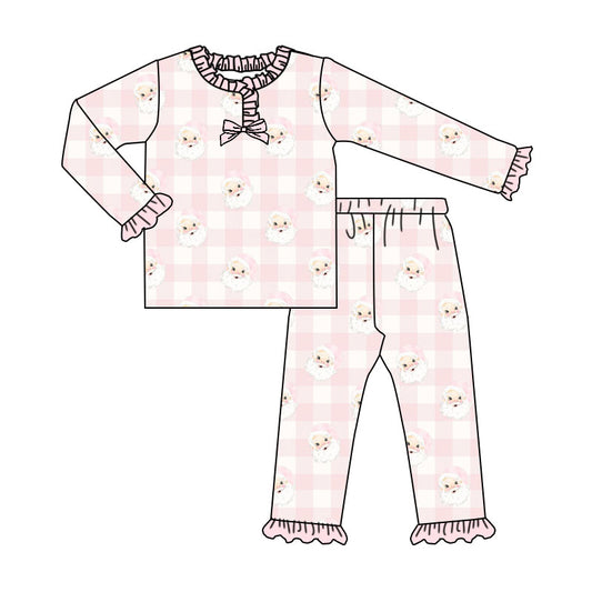 Preorder (moq 5)Baby Girls Pink Checked Santa Top Ruffle Pants Christmas Pajamas Sets