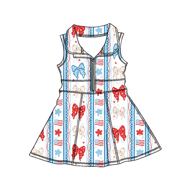 Preorder (moq 5)Baby Girls Star Bow Flags Stripe 4th of July Zipper Knee Length Dresses