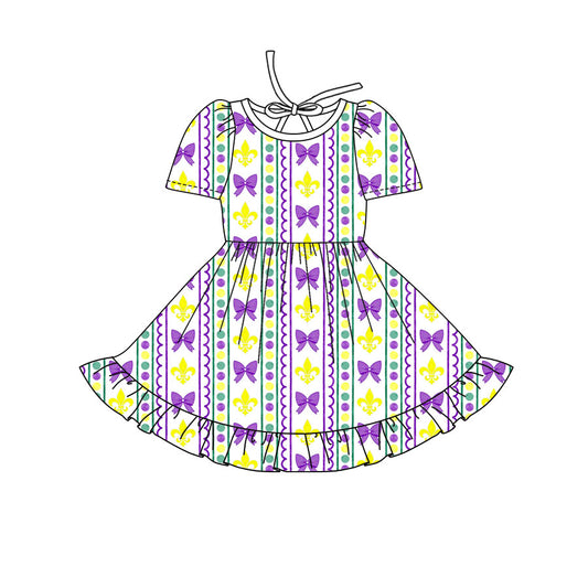 Preorder(moq 8)Baby Girls Mardigras Bows Anchors Stripe Ruffle Knee Length Dresses