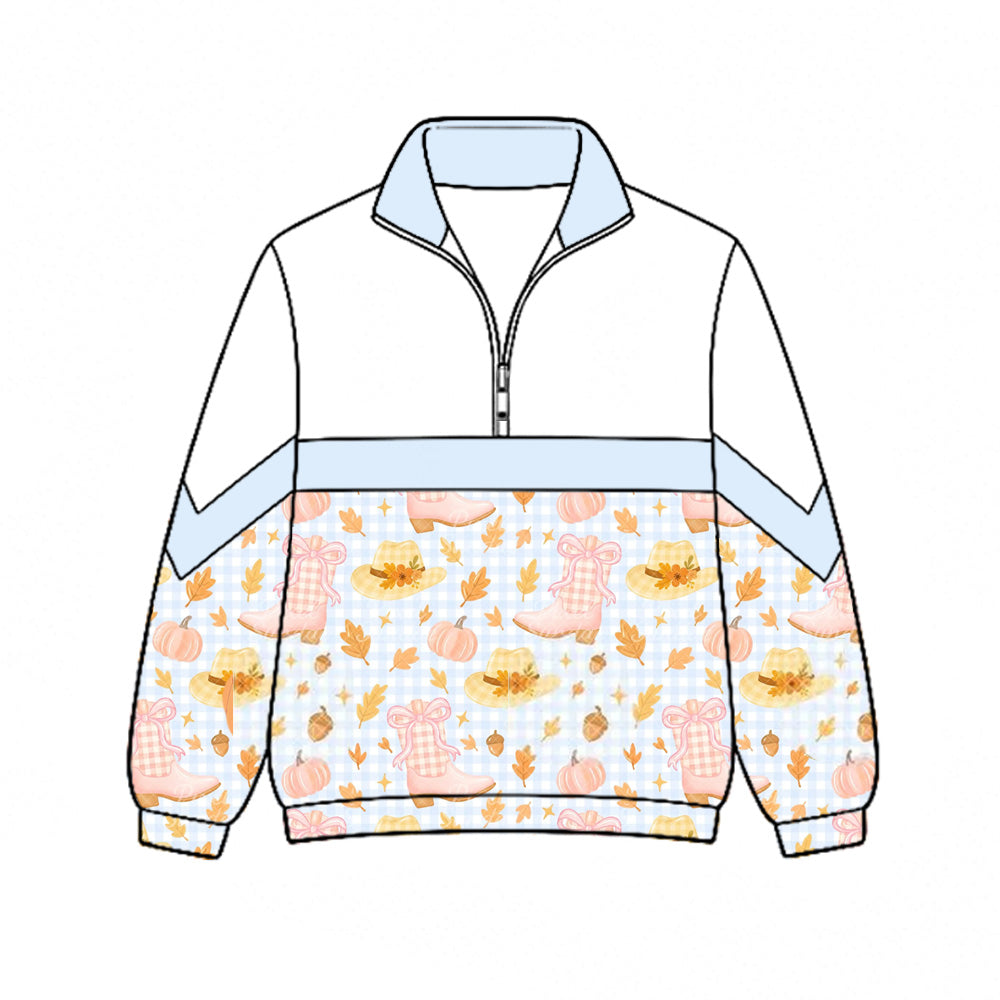 Preorder (moq 5)Baby Girls Bows Pumpkins Boots Fall Zip Pullovers Top