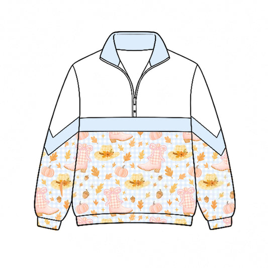 Preorder (moq 5)Baby Girls Bows Pumpkins Boots Fall Zip Pullovers Top