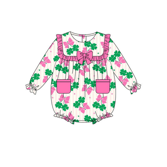 Preorder(moq 8)Baby Girls Pink Stripe Clovers Bows Pockets St Patrick Ruffle Rompers