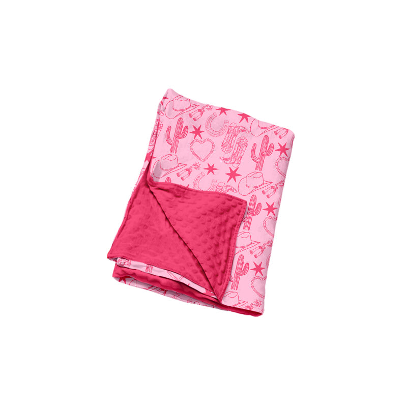 Preorder(moq5) Baby Pink Premium Hat, Cactus & Boot Print Soft Plush Blanket