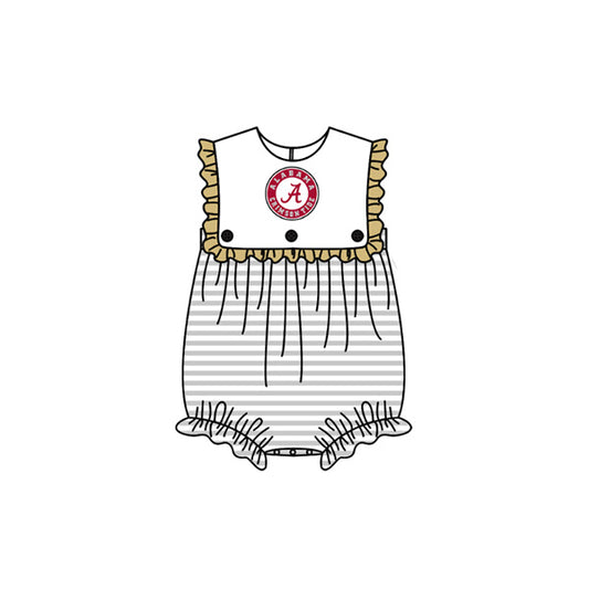 Preorder (moq 5)Baby Girls Sleeveless Grey Stripe A Team Ruffle Rompers
