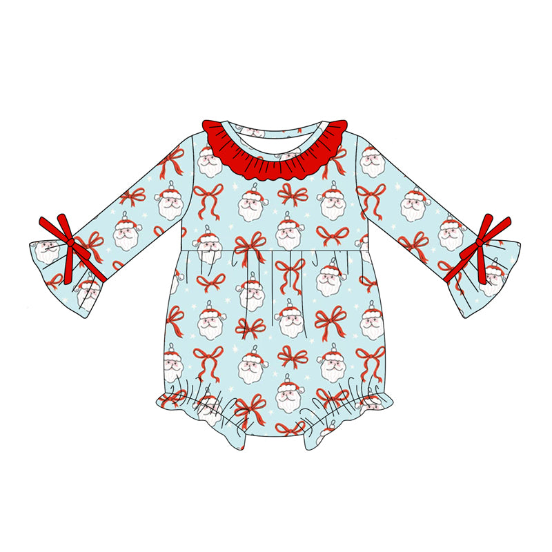 Preorder (moq 5)Baby Girls Blue Long Sleeves Bows Santa Ruffle Rompers