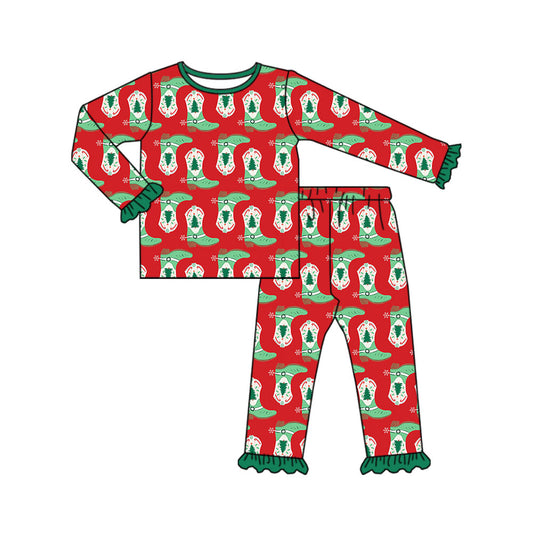 Preorder (moq 5)Baby Girls Candy Cane Socks Top Ruffle Pants Christmas Pajamas Sets