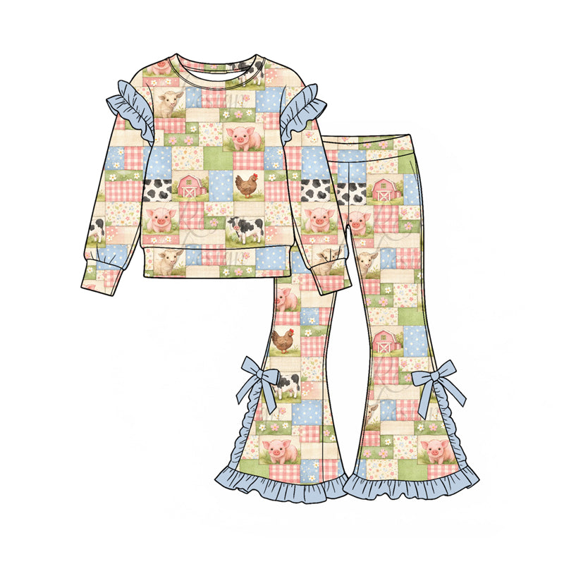 Preorder (moq 5) Girls’ Fall Cute Pig, Chick & Calf Bow Ruffle Long-Sleeve Round-Neck Top with Flare Pants Set