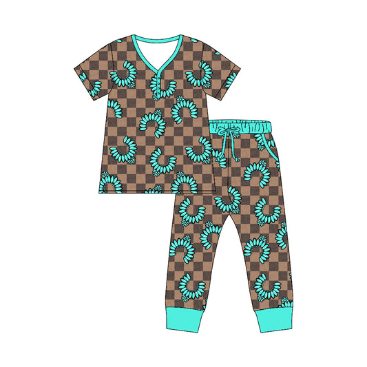 Preorder moq 5 Adult Short Sleeve Khaki Checked Turquoises Top Pockets Pants Western Pajamas Sets