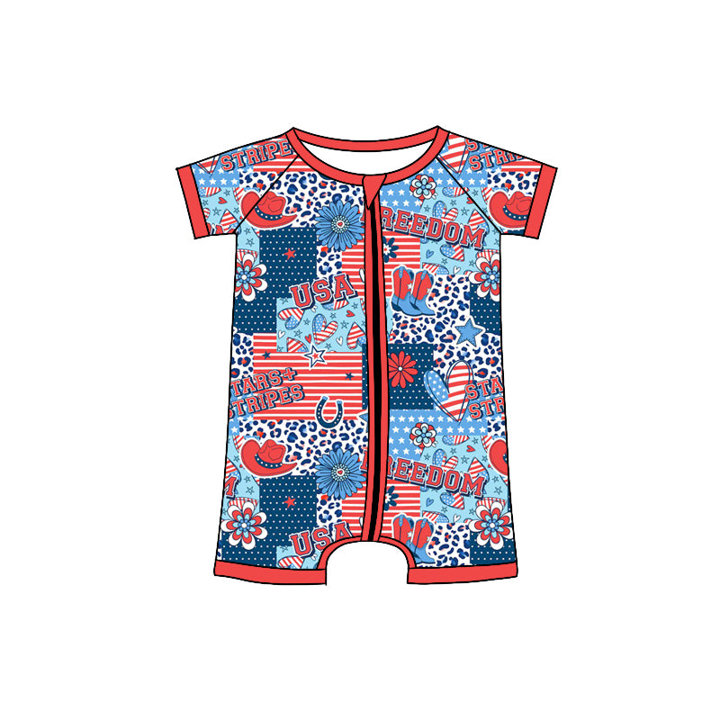 Preorder(moq 5)Baby Infant Girls 4th Of July USA Boots Zip Summer Rompers