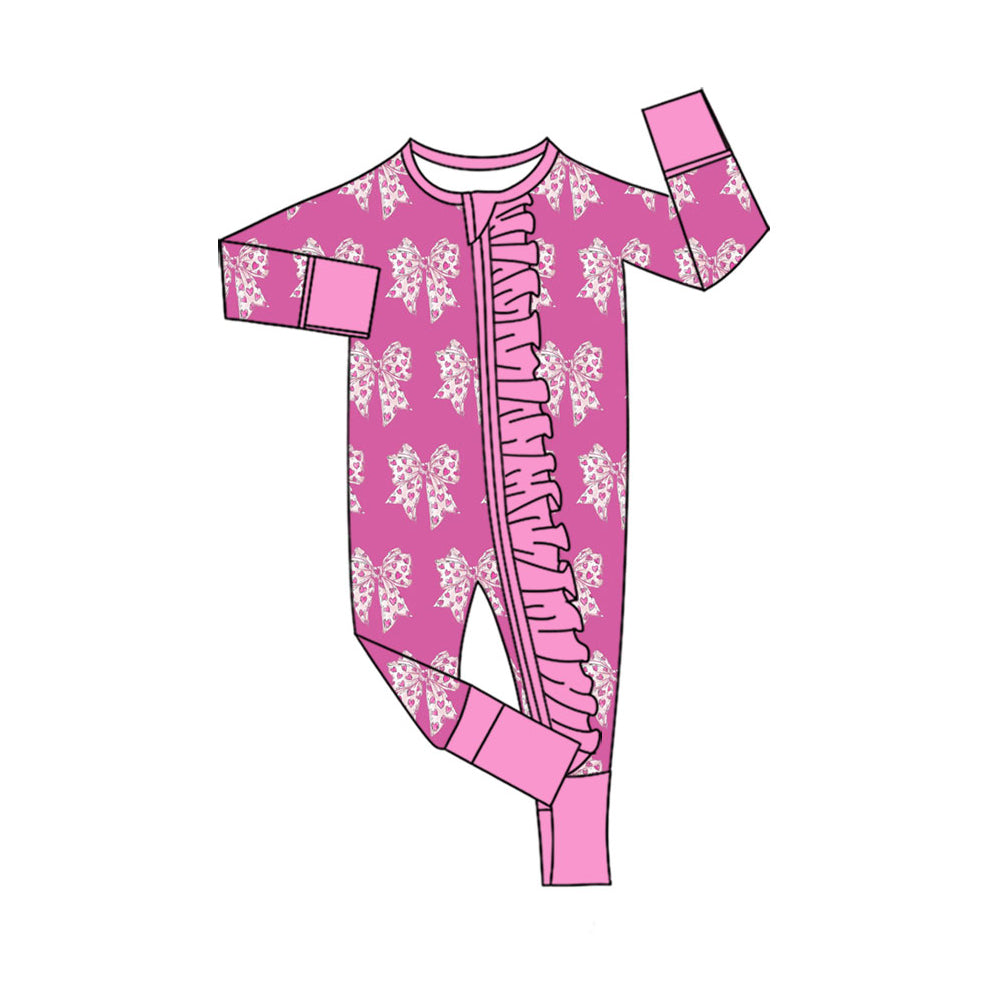 Preorder (moq 5) Baby Girls Hearts Bows Valentines Two Way Ruffle Zip Convertible Rompers