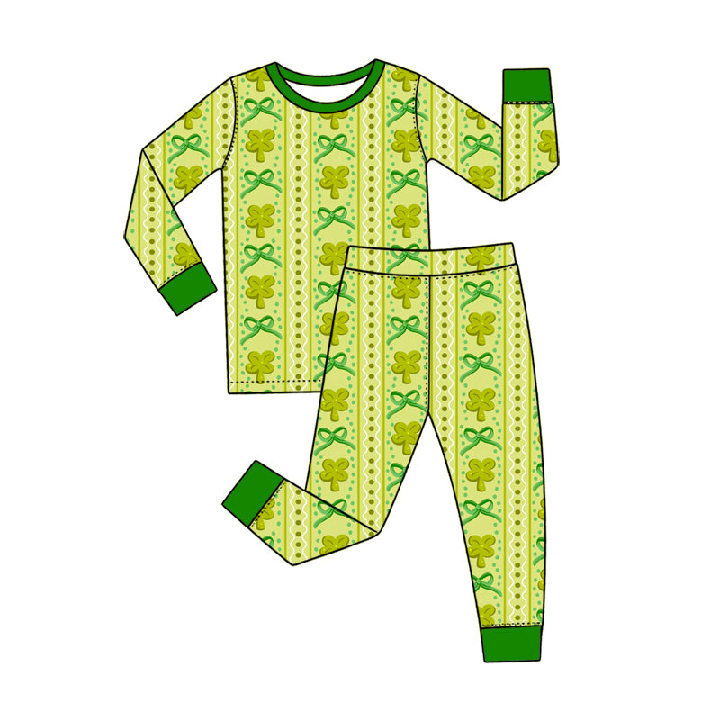 Preorder (moq 5) Baby Girl Clothes St Patrick's Day Dot Clover Bow Vertical Striped Print Long Sleeve Pajama Set