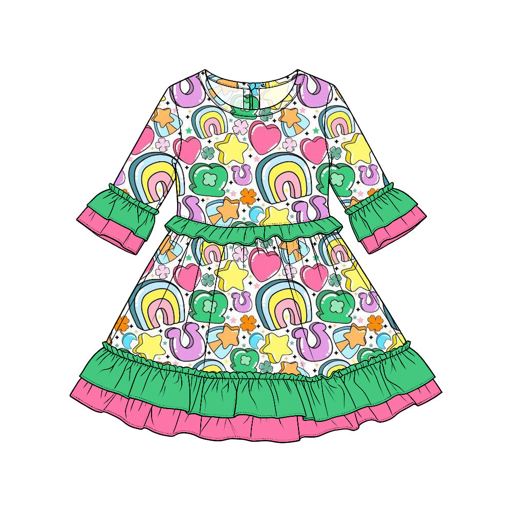 Preorder moq5  Girls’ St. Patrick’s Day Ruffle Long-Sleeve Dress, Rainbow & Heart Print Kids’ Holiday Dress