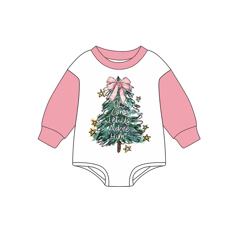 Preorder (moq 5)Baby Girls Pink Long Sleeves Bows Trees Rompers