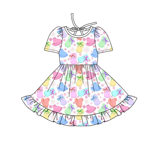 Preorder(moq 8)Baby Girls Colorful Rabbits Chicks Flowers Easter Ruffle Knee Length Dress